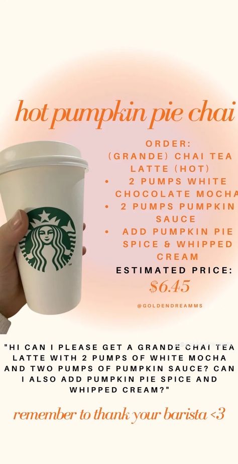 Pumpkin Drink Recipes, Chai Tea Latte Starbucks, Copycat Starbucks Drinks, Chai Tea Latte Recipe, Starbucks Fall Drinks, Starbucks Drink Menu, Hot Chai, Cold Starbucks Drinks, Secret Starbucks Recipes