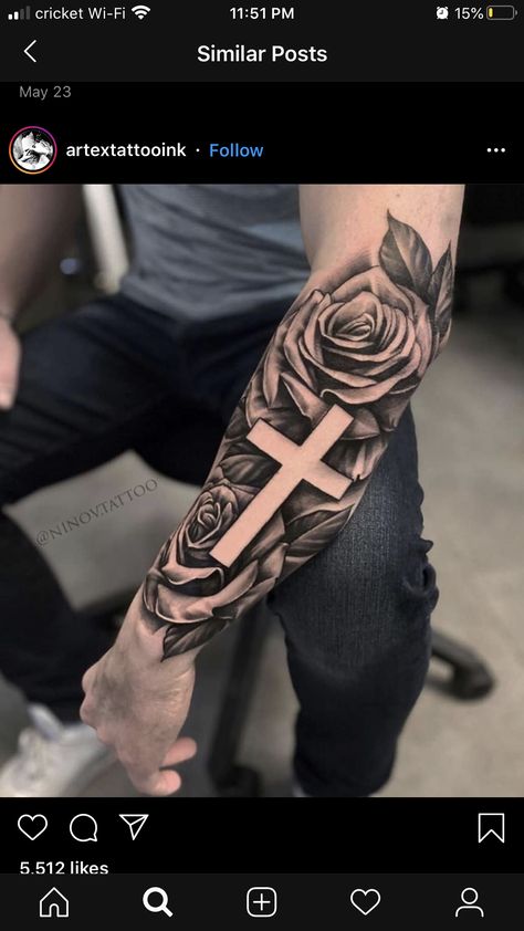 Cross Rose Tattoo Men, Cross With Roses Tattoo Men, Roses With Cross Tattoo, Cross Sleeve Tattoos For Women, Rose Sleeve Tattoo For Men, Guys Hand Tattoos, Tattoos For Guys Hand, Rose Tattoo Sleeve, Rose Tattoos For Men