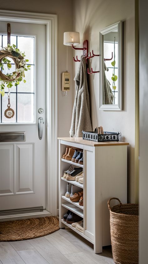 Elevate your entryway style with the versatile IKEA HEMNES Shoe Cabinet! This beautifully organized space features a decorative tray for keys, complemented by the sleek TJUSIG coat rack and NORDRANA hanging storage basket. The woven doormat adds a touch of personality, while soft, diffused lighting from a wall sconce creates a warm atmosphere. Perfect for keeping your home neat and inviting! Ready to transform your entrance? Click through for more styling tips and inspiration! #EntrywayDecor #IKEAStyle #HomeOrganization #ShoeStorage #InteriorDesign #CozyHome #IKEAHEMNES Entry Way Ideas Shoes, No Coat Closet Solutions Entryway, Shoe Rack Ideas Entryway Front Door, Key Rack Ideas Entryway, Shoe Cabinet Decor, Show Storage Ideas, Shoe And Coat Storage Entryway, Ikea Hemnes Shoe, Ikea Hemnes Shoe Cabinet