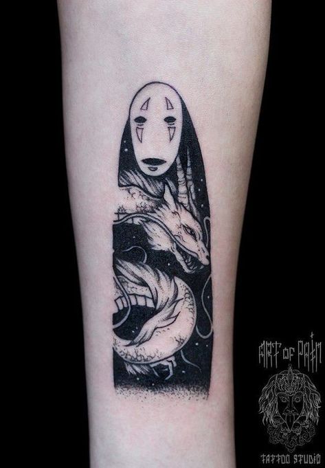 Kohaku and No face tattoo on the arm in amazing blackwork | www.otziapp.com Studio Ghibli Tattoo, 16 Tattoo, Ghibli Tattoo, 4 Tattoo, Geniale Tattoos, Aesthetic Tattoo, White Tattoo, No Face, Anime Tattoos