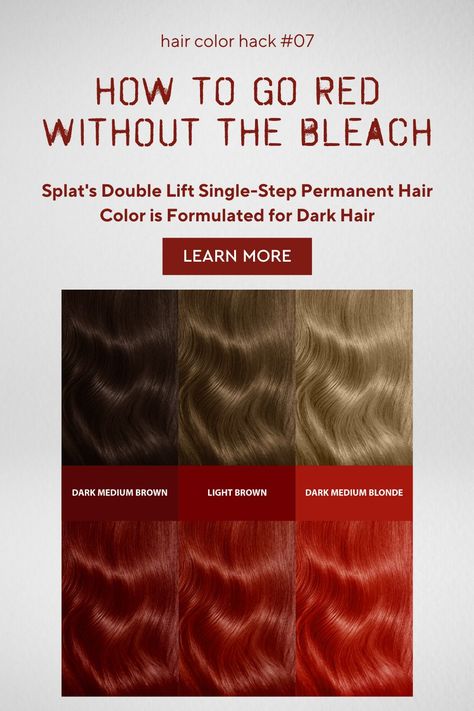 Double Lift Permanent Hair Color by Splat is a single process red hair dye that lifts your brown shade 2 levels while depositing bright red color. No bleach, less hair damage. Learn more if Double Lift is right for you. #redhair #brightredhair #splathairdye Without Bleach Hair Color Ideas, Red Hair On Black Hair Without Bleach, Red Hair Dye On Brown Hair Without Bleach, No Bleach Red Hair Dye, Orange Hair No Bleach, Non Bleach Red Hair, No Bleaching Hair Color, Hair Dye Without Bleach For Black Hair, Red Hair Dye No Bleach