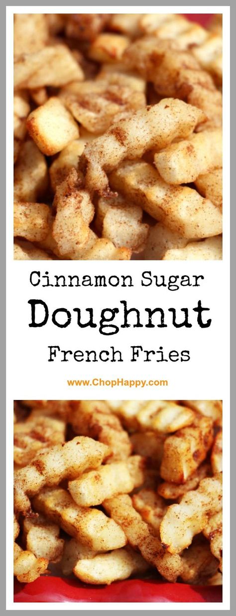 Cinnamon Sugar Doughnut French Fries Recipe - Who doesn't want french fries for dessert?! This is starchy, sweet, and sugary fun for everyone. Also it is super easy because you use store bought frozen fries. www.ChopHappy.com #easydesserts #cinnamonsugar Frozen Fries, Takeout Recipes, Sweet Fries, French Fries Recipe, Frozen French Fries, Takeout Food, Healthy Vegan Snacks, Fries Recipe, Side Dish Recipes Easy