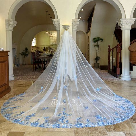 Welcome to my shop - Custom Bridal Veils Crafted with Love I believe every bride deserves to shine with a veil as unique as her love story. With over 4-5 years of experience in creating stunning, handcrafted veils, our mission is to add a touch of elegance and personal flair to your special day. *Picture Color : Ivory tulle. blue lace, gold lace *Picture Length : Cathedral 118" *Custom Length: Elbow 26", Fingertip 36, Waltz 54", Floor 72", Chapel 90", Chapel 98", Cathedral 118"，Royal 137" * If you want to custom your veil, please leave notes for me. Here are some general tips for cleaning a veil made of tulle: Spot Cleaning: For small stains or spots, gently dab the affected area with a mild detergent diluted in water. Use a soft cloth or sponge and avoid rubbing vigorously, as this could Celestial Wedding Veil, Regal Veil, Bridal Veil Ideas, Wedding Dresses With Veils, Veil Designs, Unique Veils, Unique Wedding Veils, Wedding Veil Cathedral, Gold Veil