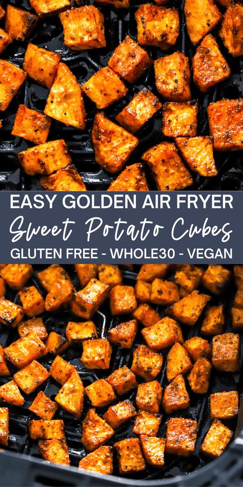 These Air Fryer Sweet Potato Cubes are wonderfully seasoned, golden, and flavorful. The sweet potatoes cook perfectly in the air fryer in about 15 minutes and make an easy, healthy side dish that the whole family will enjoy! Air Frying Sweet Potatoes, Air Fried Sweet Potato Recipes, Air Fryer Breakfast Sweet Potatoes, How To Make Sweet Potatoes In Air Fryer, Airfry Sweet Potatoes Cubes, Easy Healthy Dinner Side Dishes, Air Fryer Sweet Potatoes Recipes, Sweet Potato Fry Air Fryer Recipes, Sweet Potato Chunks Air Fryer