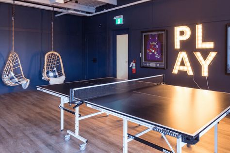 Design-13-Sleek-And-Simple Ping Pong Table Room, Sleek Office Design, Ping Pong Room, Table Tennis Room, Teen Hangout Room, Teen Game Rooms, Table Room Decor, Garage Game Rooms, Teen Lounge