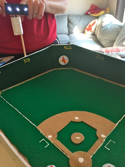 Can you tell what team this Strat-O-Matic player roots for? Cardboard Baseball Stadium, Baseball Field Valentines Boxes, Fiesta Float, Shoe Box Diorama, Cardboard Art Projects, Noahs Ark Craft, Baseball Project, Diorama Project, Reading Fair