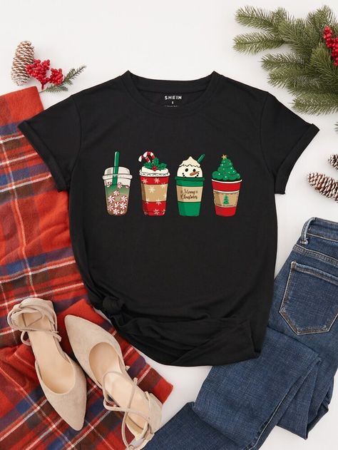 Free Returns ✓ Free Shipping On Orders $49+ ✓. Christmas Print Round Neck Tee- Women T-Shirts at SHEIN. Xmas Tees, Cartoon Black, Christmas Print, Round Neck Tees, Crew Neck Shirt, Inspiration Mode, Christmas Prints, Graphic Tee Shirts, Christmas Shirts