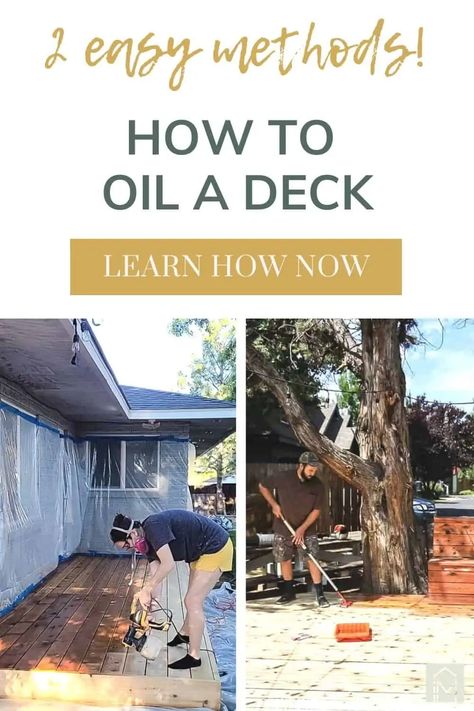 Learn how to oil a deck! We’re going to show you exactly how we oiled our wooden decks using two different methods: with a sprayer and with an applicator pad. This tutorial will walk you through the whole process of the deck oil application using both methods, including how to clean the sprayer after using it for oil-based products. Deck Oil Stain Colors, Restain Deck, Linseed Oil On Wood, Wood Deck Stain, Deck Sealer, Grey Deck, Decking Oil, Deck Cleaner, Deck Stain