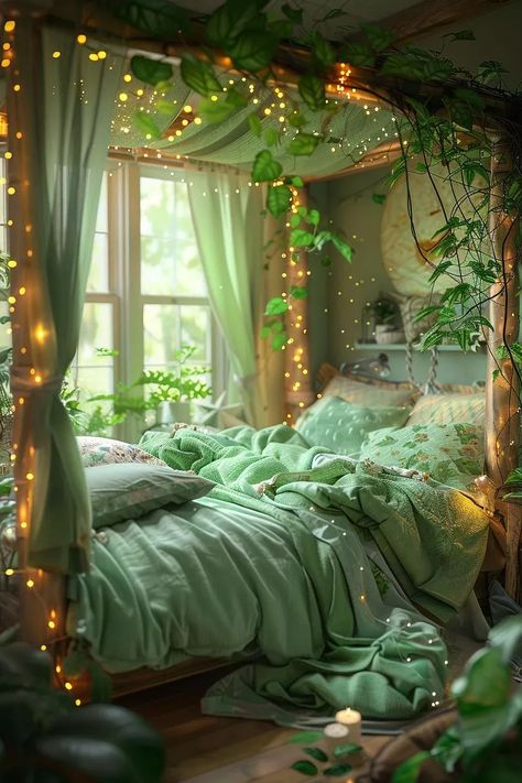 Whimsy Aesthetic, Forest Bedroom Decor, Light Green Bedrooms, Witchy Bedroom, Charm Aesthetic, Whimsical Home Decor, Fairy Bedroom, Whimsical Bedroom, Boho Style Bedroom