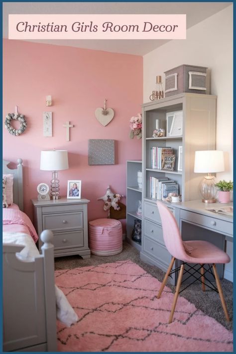 Pink and gray girls' room with religious decor, including a cross and heart wall hangings, books, and a cozy study area. Christian Decor Ideas, Christian Room, Christian Room Decor, Bible Verse Canvas, Christian Girl, Girl’s Room, Christian Decor, Scripture Wall Art, Room Decor Ideas