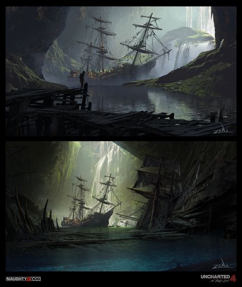 Uncharted 4 - Pirate Cave Reveal , Eytan Zana on ArtStation at https://www.artstation.com/artwork/Jg6Bz Eytan Zana, Ixalan Art, Pirate Cave, Castle Ideas, Pirate Boats, Uncharted 4, The Goonies, Pirate King, Landscape Concept