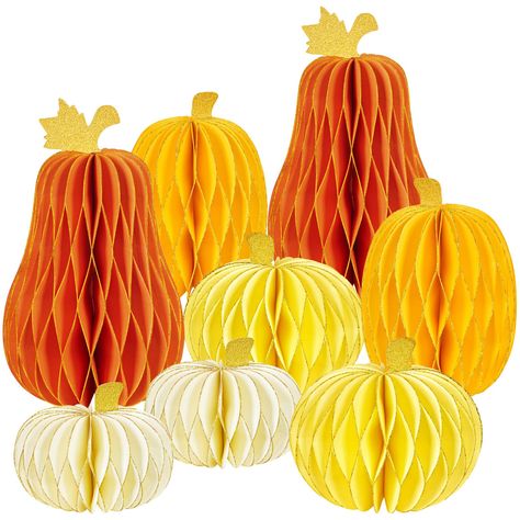 PRICES MAY VARY. 🧡 Exquisite Pumpkin Honeycomb Centerpiece: The exquisite paper honeycomb decoration adopts four classic pumpkin shaped autumn themed color designs, with various shapes and sizes, and unique gold powder decorations around the edges and top leaf areas of the honeycomb, giving it a fresh appearance. 🧡 High quality materials: Our premium honeycomb paper pumpkin is made of high-quality and textured double-sided printed colored adhesive paper, with about 46 layers, making the center Honeycomb Centerpiece, Thanksgiving Baby Shower, Decorations For Halloween, Centerpieces For Tables, Paper Pumpkins, Honeycomb Decorations, Halloween Autumn, Honeycomb Paper, Pumpkin Centerpieces