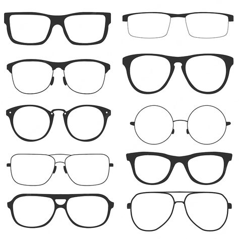 Premium Vector | Collection of modern glasses, isolated on white background. retro style glasses with black frames for men and women. vector illustration Glasses Illustration Design, Glasses Reference Drawing, Types Of Glasses Frames, Sunglasses Design Sketch, Glasses Drawing Reference, Glasses Template, Glasses Types, Draw Glasses, Glasses Character