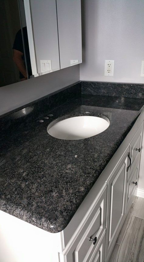 Granite vanity by R & S Marble Vanity Washroom, Washroom Vanity, Granite Design, Granite Bathroom, Granite Vanity, Natural Granite, Grey Granite, Bathroom Redo, Black Granite