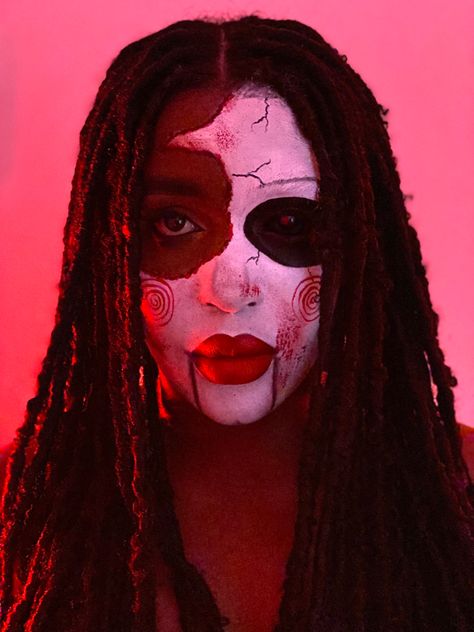 Female Jigsaw Makeup, Saw Makeup Jigsaw, Jigsaw Makeup Halloween, Jigsaw Halloween Makeup, Ninja Makeup, Killer Clown Makeup, Saw Makeup, Jigsaw Makeup, Vkei Makeup