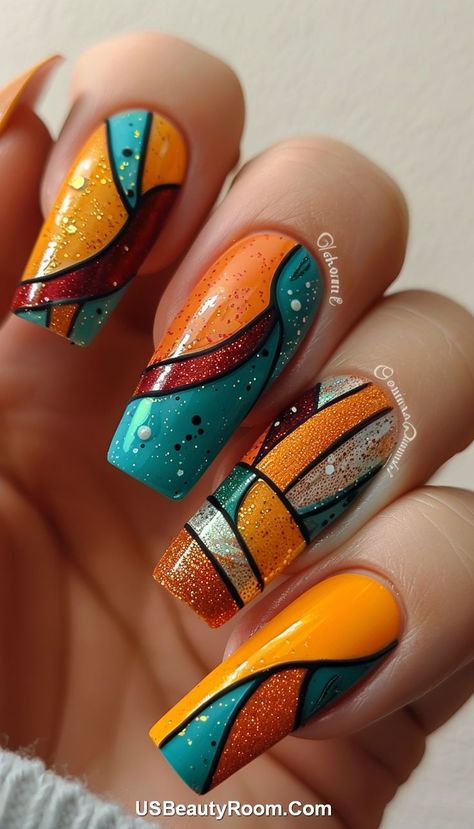 Embrace the retro aesthetic with these abstract line nail designs. The bold use of teal, orange, and black combined with dynamic shapes adds a creative flair to your nails. Abstract Art Nail Designs, Retro Nail Art Vintage, Retro Nail Art, Vintage Nail Art, Classic Nail Art, Retro Nails, Art Deco Nails, Graduation Nails, Fall Gel Nails