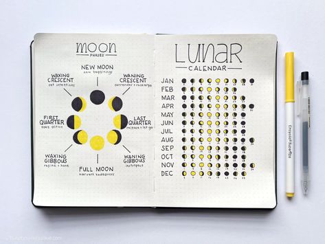 Feeling ready to throw caution to the wind and howl at the moon? Maybe it's the lunar cycle! Many highly sensitive and intuitive people believe their moods, creativity, and hormones cycle with the lunar calendar. Bujo Lunar Calendar, Moon Calendar Design, Lunar Calendar 2024, Bullet Journal Calendar Layout, Moon Cycle Journal, Moon Bullet Journal, 2023 Journaling, Calendar Bullet Journal, Accordian Book