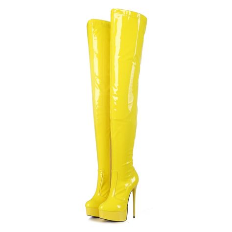 Yellow Knee High Boots, Crazy Party, Clothing Reference, Unique Boots, Thigh Boot, Platform High Heels, Shoe Size Chart, Heel Boots, Platform Boots