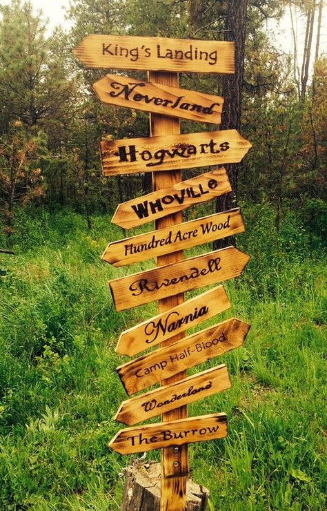 Fictional Places, Hundred Acre Woods, King's Landing, Directional Signs, Sign Post, Rustic Wood Signs, Outdoor Wood, Garden Signs, Maze Runner