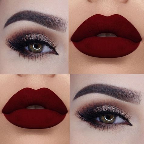 Dark Red Lip Makeup Look, Maquillage Kylie Jenner, Red Lipstick Makeup Looks, Black Smokey Eye Makeup, Dark Makeup Looks, Red Lips Makeup Look, Red Lipstick Makeup, Makeup Images, Red Lip Makeup