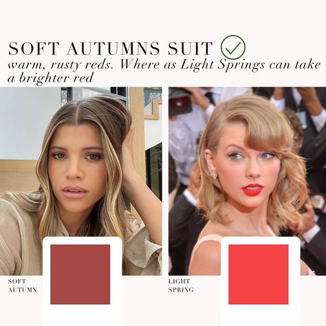 Soft Autumn VS Light Spring as requested 🤍 . #coloranalysis #colouranalysis #lightspring #softautumn #taylorswift #sofiarichie #coloranalyst Soft Autumn Vs Light Spring, Warm Spring Celebrities, Light Spring Outfits, Soft Autumn Light, Autumn Mute, Season Palette, Season Analysis, Toned Spring, Light Spring Color Palette