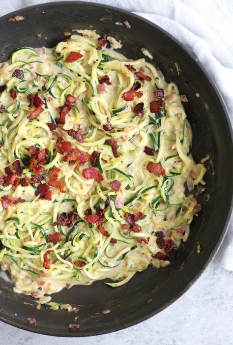 Zucchini Noodle Pasta, Spiralized Recipes, Zucchini Carbonara, Shrimp Zucchini Noodles, Shrimp Zucchini, Noodle Pasta, Pasta Carbonara Recipe, Zucchini Noodle, Zucchini Noodle Recipes