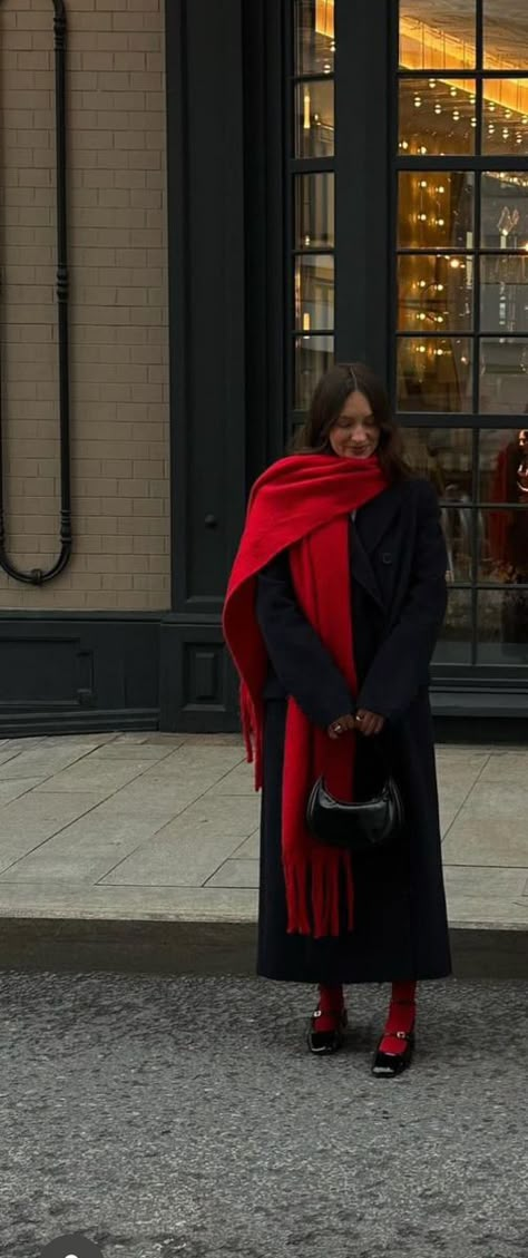 Blue Red Outfit Ideas, Red Fur Outfit, Dark Red Winter Outfit, Red Wool Blazer Outfit, Wool Poncho Outfit, How To Style Muffler Women, Black And Red Winter Outfit, How To Style Red Coat, Red Shawl Outfit