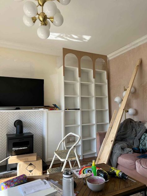 Billy Bookcase Built In Around Window, Billy Bookcase Built In Tv, Billy Bookcase Bed, Curved Billy Bookcase, Renter Friendly Billy Bookcase, Arch Billy Bookcase, Stacking Furniture Ideas, Billy Arch Hack, Built In Billy Bookcase With Doors