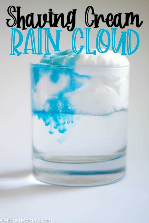 Shaving Cream Rain Cloud Science Experiment. Using a glass, shaving cream, water and food coloring you can explore how rain clouds work! Shaving Cream Crafts For Kids, Cloud Science Experiment, Water Crafts Preschool, Food Coloring Experiment, Cloud Experiments, Cloud Science, Steam Experiments, Rain Cycle, Rain And Clouds