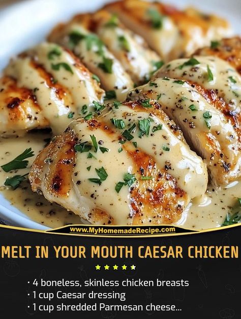 Easy and tasty recipes | Melt In Your Mouth Caesar Chicken  | Facebook Melt In Your Mouth Caesar Chicken, Ceaser Chicken Breast Recipes, Cesar Chicken, Chicken Divine, Caesar Chicken, Chicken Parm, Caesar Dressing, Baked Chicken Breast, Melt In Your Mouth