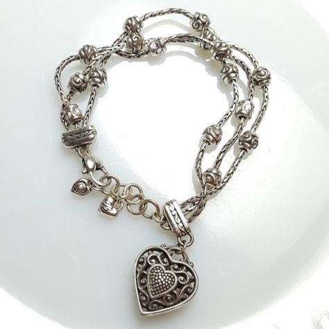 Silver Tone, Crystal Heart, Adjustable For A Perfect Fit With Lobster Clasp Closure. Unique Charm Bracelets, Soft Grunge Jewelry, Vintage Silver Bracelets, Gorpcore Jewelry, Vintage Jewelry Silver, Chunky Jewelry Silver, 2000s Accessories, 2000s Jewelry, Chunky Silver Jewellery