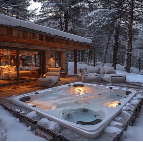 Home Bunker Ideas, Cabins In Alaska, Home Bunker, Hot Tub In The Snow, Winter Cabin Mansion Exterior, Bunker Ideas, Snowy Cabin Aesthetic Interior, Hot Tub In Snow Aesthetic, Snowy Hot Tub