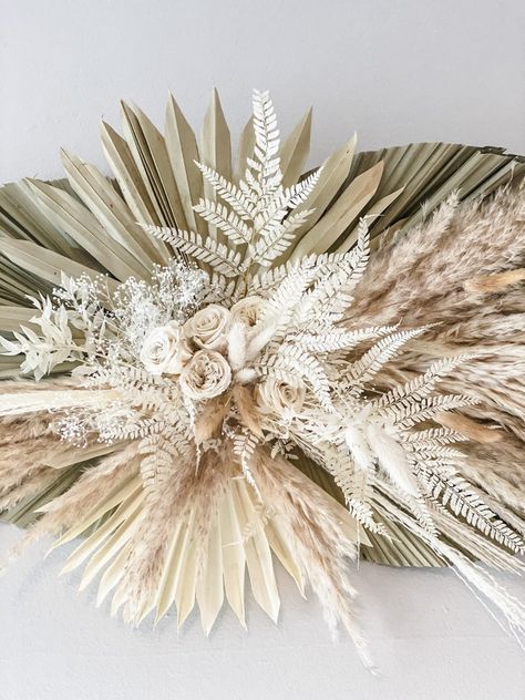 White Sage Palm and Pampas Grass Wall Arch or Backdrop | Etsy Pampas Grass Wall Art, Dried Flower Arrangements Wall, Dried Palm Leaves Decor, Dried Flower Wall Decor, Pampas Grass Wall, Pampas Wall, Dried Flower Wall, Arch Wedding Backdrop, Palm Leaf Decor