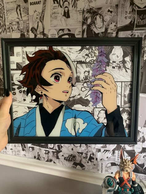 tanjiro looking at flowers Glass Painting Designs Anime, Tanjiro Painting, Tanjiro Canvas Painting, Anime Glass Art Painting, Tanjiro Glass Painting, Glass Painting Demon Slayer, Anime Character Glass Painting, Anime Painting Glass Frame, Hand Painted Covers