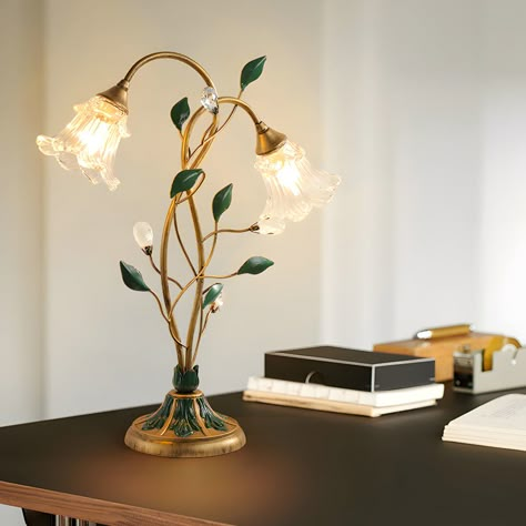 This table lamp has a retro and elegant appearance. Its base is decorated with climbing vines and small leaves, and the glass lampshade is like a flower. With its exquisite craftsmanship, it can enhance the beauty of the entire room. This retro and elegant table lamp will be an impressive decoration, its light is bright and stable, creating a warm and comfortable atmosphere to accompany you every night. With its 3 step dimming function, this table lamp gives you a variety of lighting options to Glass Lampshade, Climbing Vines, Delicate Flowers, Glass Flowers, Bedroom Aesthetic, Dream House Decor, Cool Stuff, Delicate Flower, My New Room