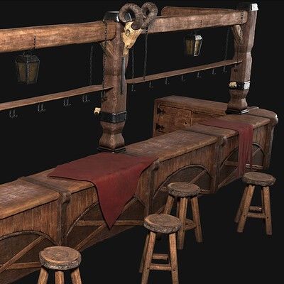 Medieval Tavern Table, Tavern Wench Aesthetic, Tavern Furniture, Viking Tavern, Fantasy Bar, Taverna Medieval, Medieval Table, Old West Decor, Medieval Tavern