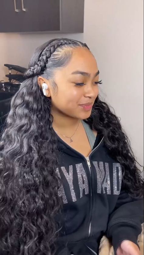 Two Braid In Front Of Hair, Two Braids With Curly Hair In The Back, Braid In Front Weave In Back, Half Sew In Weave Hairstyles, Tribals With Quick Weave, 2 Braids In The Front With Hair Down, Braids And Quick Weave, Braided Front Curly Back, 2 Braids With Weave In The Back