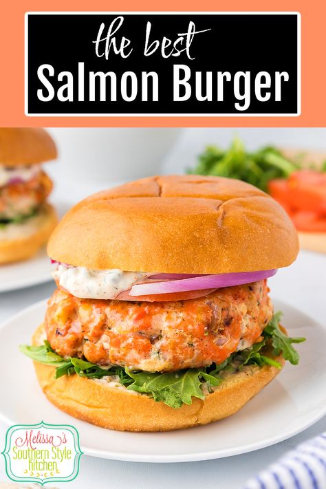 Fresh Salmon Recipes, Sous Vide Salmon, Salmon Patty, Salmon Burger Recipe, Melissas Southern Style Kitchen, Salmon Burger, Burger Menu, Remoulade Sauce, Fresh Salmon