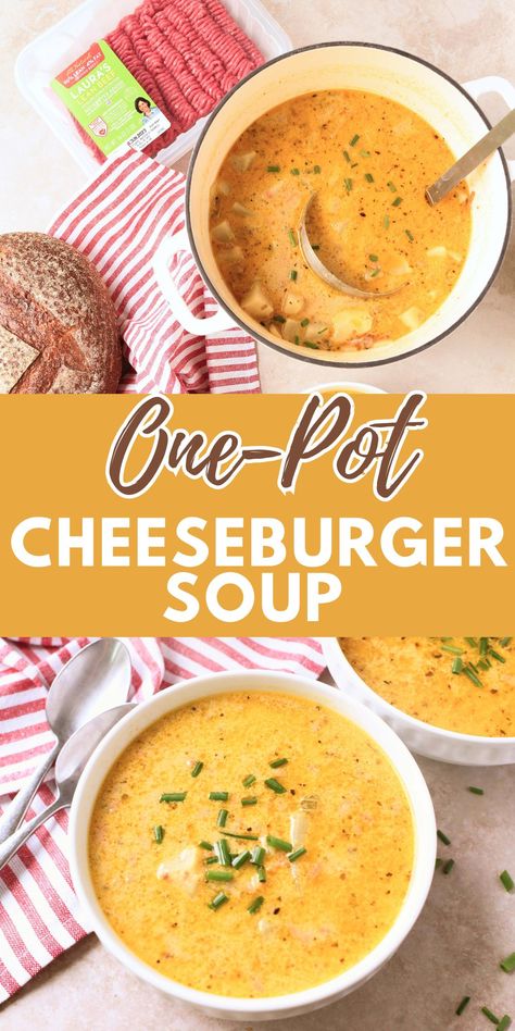 A white pot of thick and creamy cheeseburger soup with a full bowl nearby. Cheeseburger Soup With Hashbrowns, Cheeseburger Soup Stovetop, Soup Recipes Cheeseburger, Clean Cheeseburger Soup, Cheeseburger Soup Allrecipes, Stovetop Recipes, Cheeseburger Soup Recipe, Stews Recipes, Cheese Burger Soup Recipes