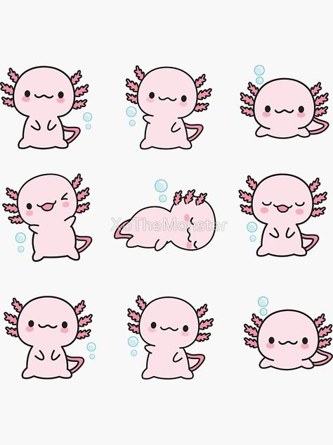 "Cute Axolotl, set" Sticker by XoTheMonster | Redbubble Axolotl Doodle Easy, Axotl Drawing, Cute Kawaii Axolotl, Chibi Axolotl Drawing, Axotol Drawing, Cute Cartoon Axolotl, Axolotl Nails Art, Small Axolotl Tattoo, Simple Axolotl Drawing