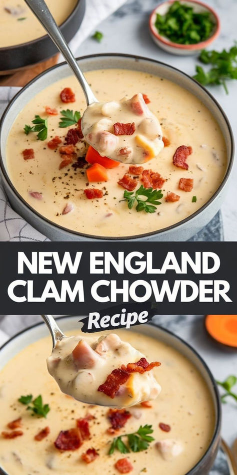 Discover the authentic New England Clam Chowder Recipe - creamy, rich, and loaded with tender clams, potatoes, and smoky bacon. A comforting bowl of coastal tradition Ew England Clam Chowder, Dutch Oven Clam Chowder, Clam Chowder For A Crowd, Clam Chowder Recipe New England Easy, New England Clam Chowder Recipe Best, Thick Clam Chowder Recipe, Clam Chowder With Canned Clams, Rhode Island Clam Chowder Recipe, Ivars Clam Chowder Recipe