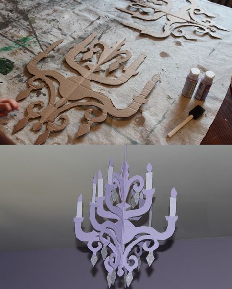 Our Creation: DIY cardboard chandelier Faux Chandelier, Cardboard Chandelier, How To Make A Chandelier, Paper Chandelier, Beauty And The Beast Costume, Castle Decor, Diy Chandelier, Doll Display, Wedding Picture Frames