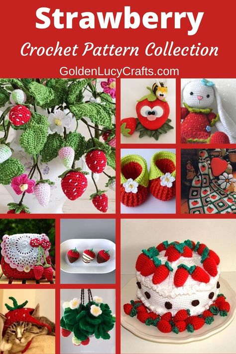 Photo collage of crocheted strawberry- themed items.