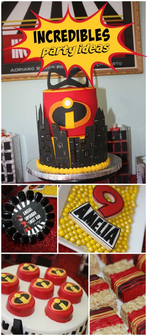 What an "Incredible" birthday party!  Lots of amazing themed treats! See more party planning ideas at CatchMyParty.com! The Incredibles Cake Ideas, Incredible Birthday Party, Incredibles Cake, Incredibles Party, Incredibles Birthday Party, School Function, Budget Birthday, Incredible 2, Themed Treats