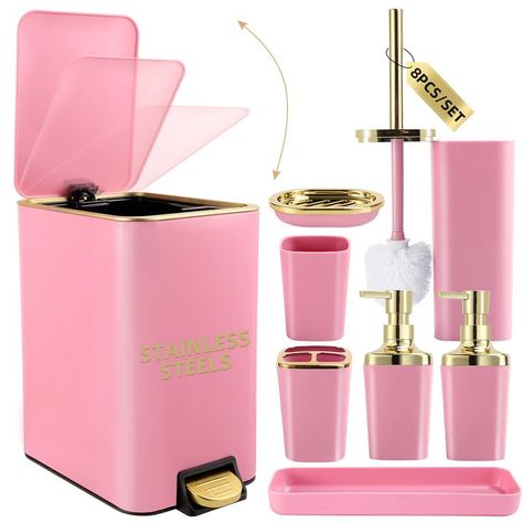 Chanel Bathroom Set, Pink Bathroom Ideas Aesthetic, Pink Bathroom Decor Aesthetic, Pink And Gold Bathroom Decor, Pink And White Bathroom Decor, Bathroom Decor Apartment Girly, Gold Trash Can, Pink And Black Bathroom Decor, Pink And Gold Bathroom