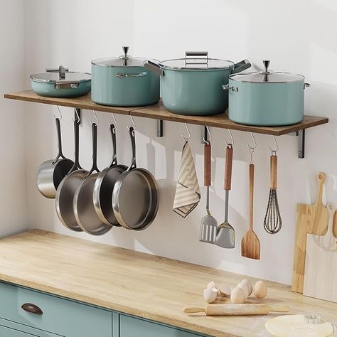 Amazon.com: OROPY 2 Pack Wooden 23.6'' Pot Pan Hanging Rack Wall Mounted with 10 S Hooks, Set of 2 Large Pot Wall Holder Kitchen Shelves for Utensils, Cookware : Home & Kitchen Pan Hanging Rack, Pot Shelves, Maximize Kitchen Space, Kitchen Drawer Organizers, Pot Wall, Wooden Pot, Pan Storage, Hanging Pans, Stemware Storage