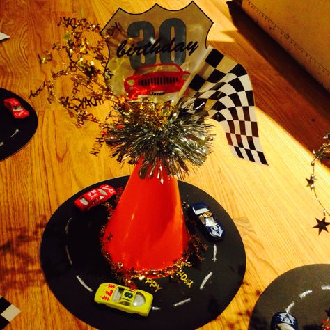 Race Car Centerpieces, Race Car Banquet Ideas, Racecar Birthday Centerpiece, Race Car Centerpieces Diy, Hot Wheels Centerpieces, Racing Centerpiece Ideas, Race Track Centerpieces, Nascar Centerpiece Ideas, Cars Centerpiece Ideas