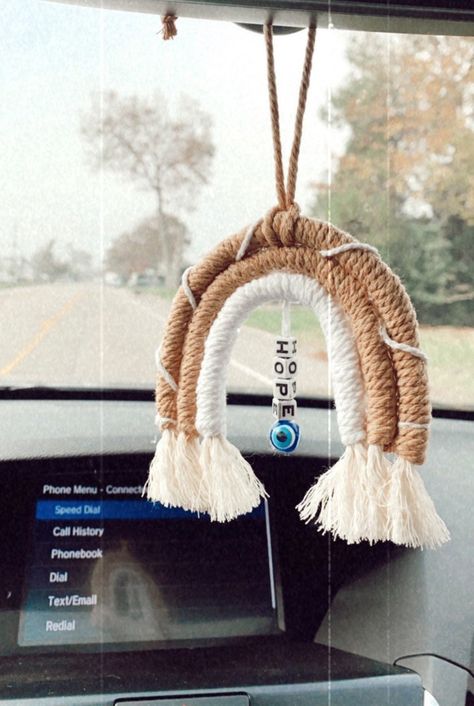 Macrame Rainbow Car Charm, Macrame Car Diffuser, Evil Eye Accessories, Rainbow Car Charm, Eye Accessories, Rainbow Car, Boho Car Accessories, Car Interior Diy, Mirror Car Accessories