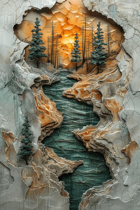 Abstract River in Dry Landscape Paintings With 3d Elements, Mixed Media Tree Art, Dry Landscape, Wall Art Projects, Inspirational Digital Art, Mixed Media Art Projects, Geometric Abstraction, Diy Abstract Canvas Art, Plaster Wall Art