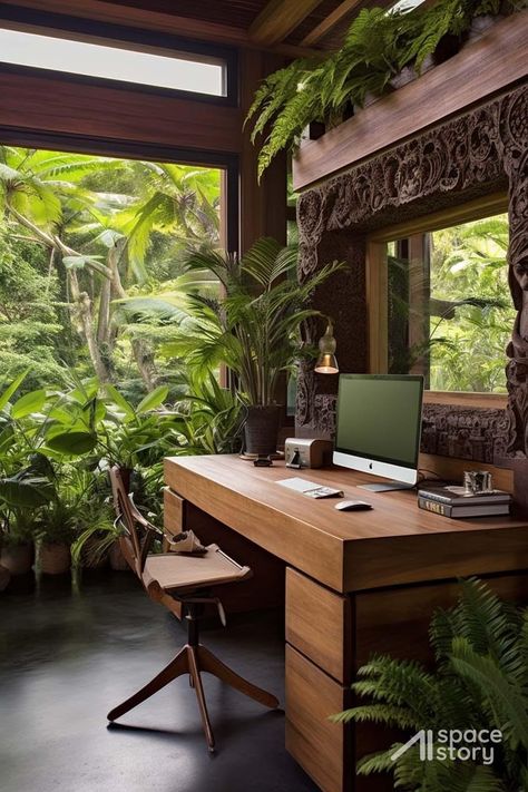 Bali Style Office, Tropical Theme Office, Filipino Style House, Mexican Beach House Decor, Jungle Office, Mexican Beach House, Balinese Architecture, Tropical Office, Monitor Setup